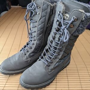Polar Womens Lace Up Faux Fur lined and trim Mid Calf Waterproof Grey Winter Boo